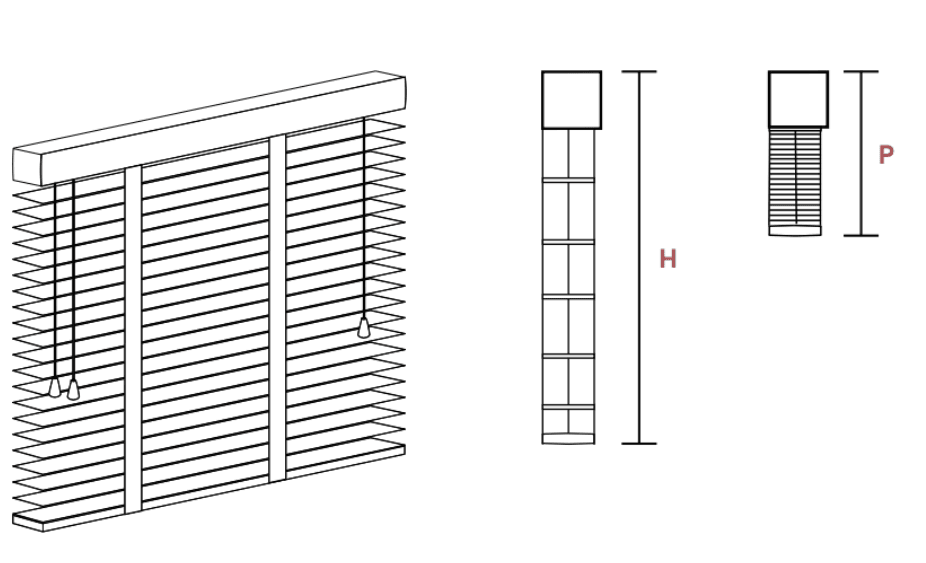 Diagram over persiennens højde H og pakkehøjden P, når den er trukket op.